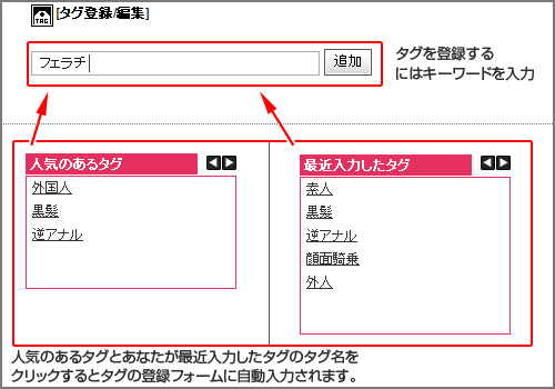 タグを登録するにはキーワードを入力　人気のあるタグと貴方が最近入力したタグのタグ名をクリックするとタグの登録フォームに自動入力されます。